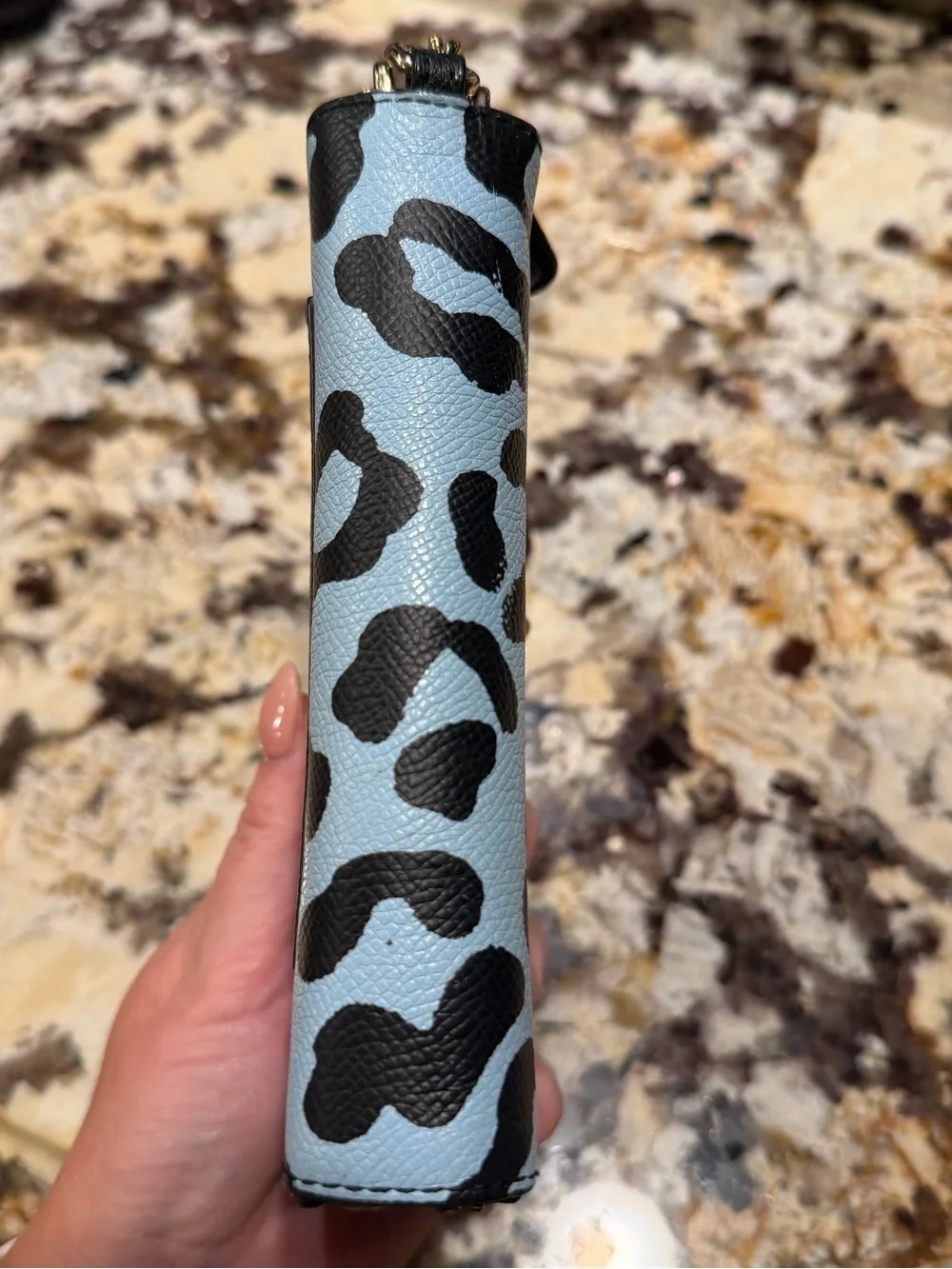 Coach NWOT Light Blue Leopard Print Double Zip Wristlet Wallet Hang Tag